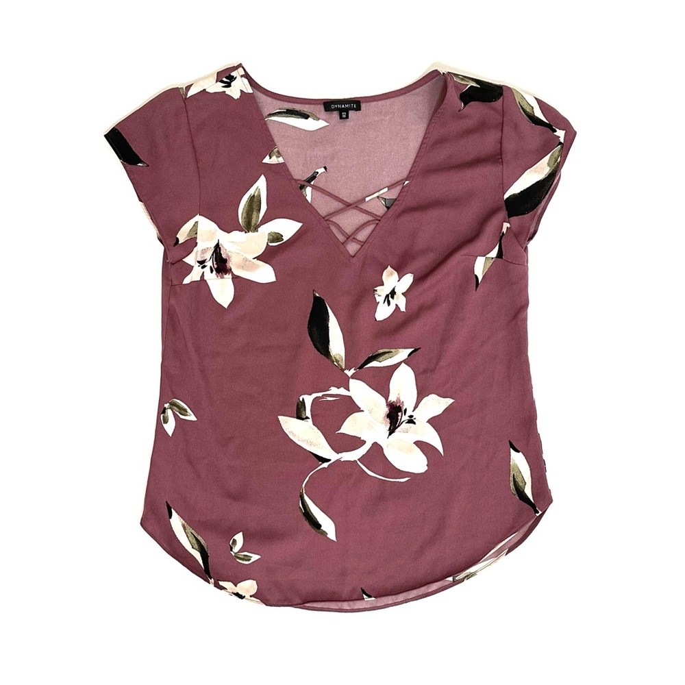 Dynamite Purple Floral V-Neck Cap Sleeve Blouse Criss Cross Design Size Small